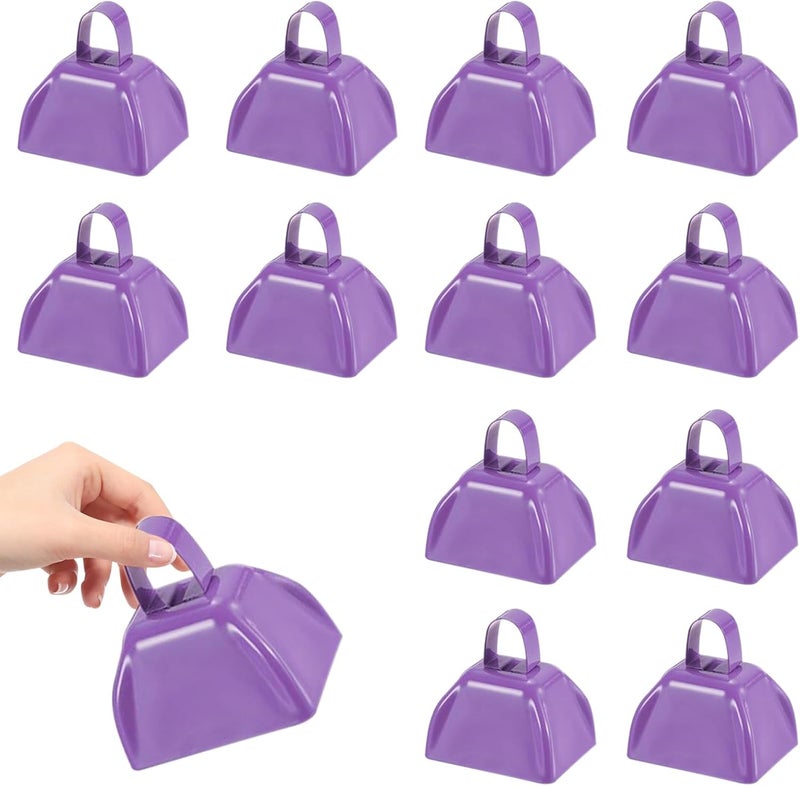 HEYLEAYAR 3Inch Cowbells for Sporting Events,12Pcs Metal Cow Bells Bulk Loud Noise Makers Cow Bell with Handle for Cheering Football Games Spirit Marathon Weddings Party Noisemakers, Light Purple - Image 1
